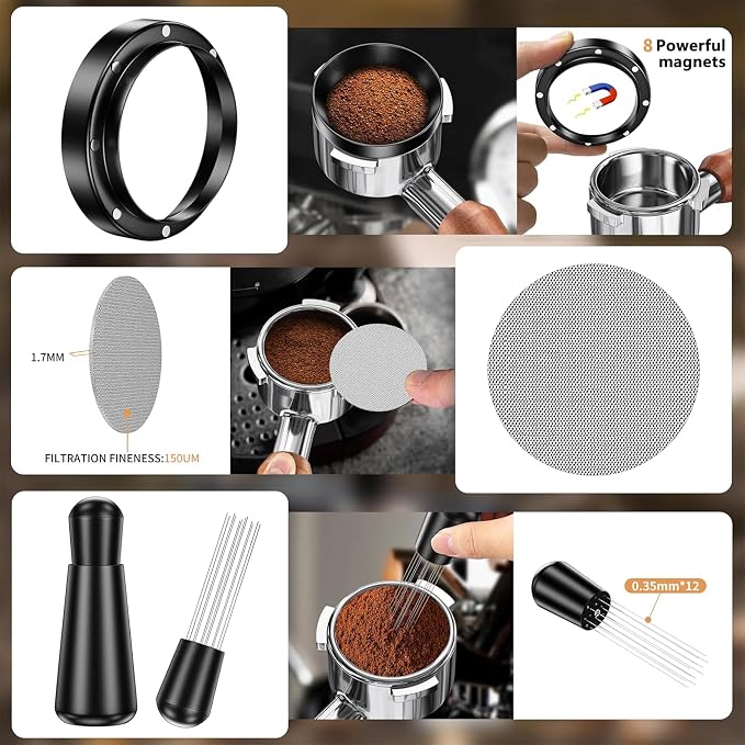 7-Piece 51mm Espresso Accessories Kit with Wood Tamping Station | Wood tamping station with tamper, distributor, WDT tool, dosing funnel, milk pitcher and puck screen for home espresso