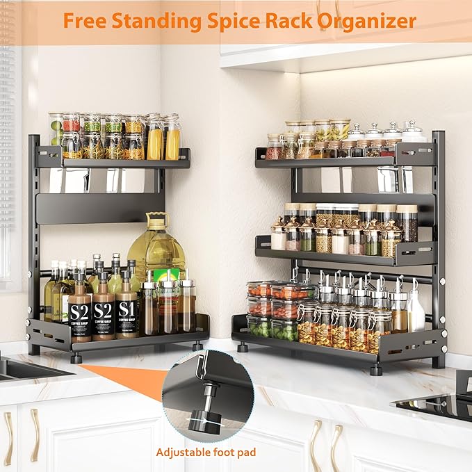 Spice Rack Organizer, 3-Tier Height-Adjustable Kitchen Countertop Spice Organizer Shelf, Metal Rust-Proof Standing Large Seasoning Organizer with Guardrail & Knife Block for Kitchen Bathroom