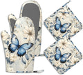 Oven Mitts and Pot Holders Sets Blue Butterfly Silicone Kitchen Mits Potholders Spring Floral Heat Resistant 4Pcs Oven Gloves Hot Pads for Baking Cooking BBQ Grilling Home Decor