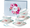 Jusalpha Serve of 4 Vintage Rose China Tea Cup/Coffee Cup Spoon and Saucer Set- 7 Oz, Afternoon Tea Set, Gift for Women TCS29(4)