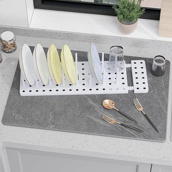 Large Stone Drying Mat for Kitchen Counter, 24" × 16" Diatomite Dish Drying Mat, Ultra Absorbent Diatomaceous Earth Dry Stone Mats with Dish Rack for Dished, Bottles, Black Marble