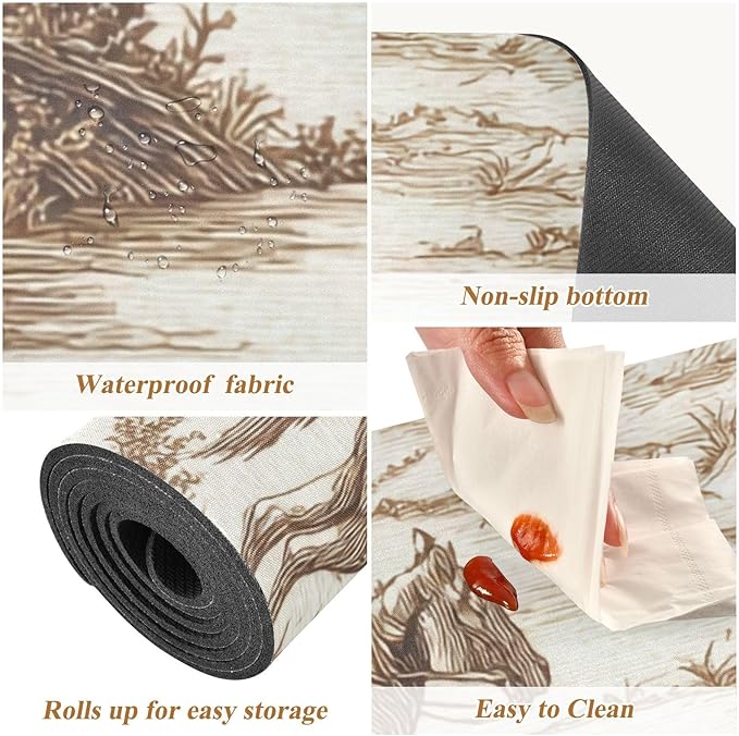 2-in-1 Table Runner Trivet for Hot Dishes Heat Resistant Hot Plate Mat Pad 39x12 Inch Waterproof Table Protector Trivets for Countertop Non Slip Decorative Cowboy Riding Horse Mountain Brown