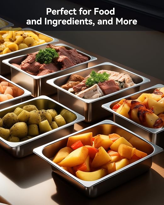 ZeroPone 4 Pack Hotel Pans with Lids, 1/2 Size 4" Deep Steam Table Pans, Stainless Steel Food Pans 22 Gauge Anti Jam 12.8" L x 10.4" W Commercial Food Storage Containers