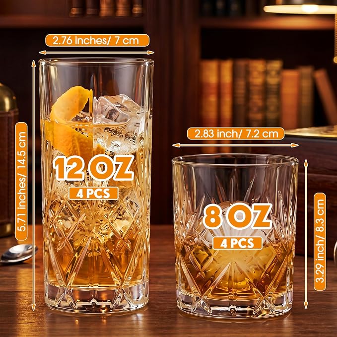 Whisky Drinking Glasses Set of 8, Mixed Glassware Set, 4 Pcs Crystal Whiskey Glasses 12 oz Highballs and 4 Piece 8 oz Cocktail Rocks Glass for Bourbon Scotch Liquor Cocktails Barware