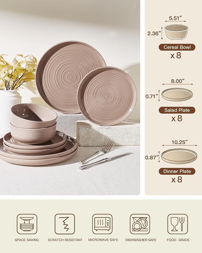 24-Piece Stoneware Dinnerware Sets for 8 - Coupe Plates and Bowls with Speckles & Spirals - Chip & Scratch Resistant, Microwave & Dishwasher Safe - Farmhouse Dishes - Gift Box, Brown