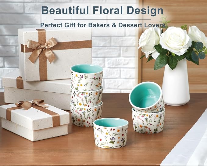 ONEMORE 6 oz Ramekins Oven Safe, Floral Ceramic Ramekin Set of 6 Mint Green Ramekins for Baking & Serving, Creme Brulee Dishes, Custard Pudding Souffle Cups, Small Dessert Bowls for Oven, Air Fryer