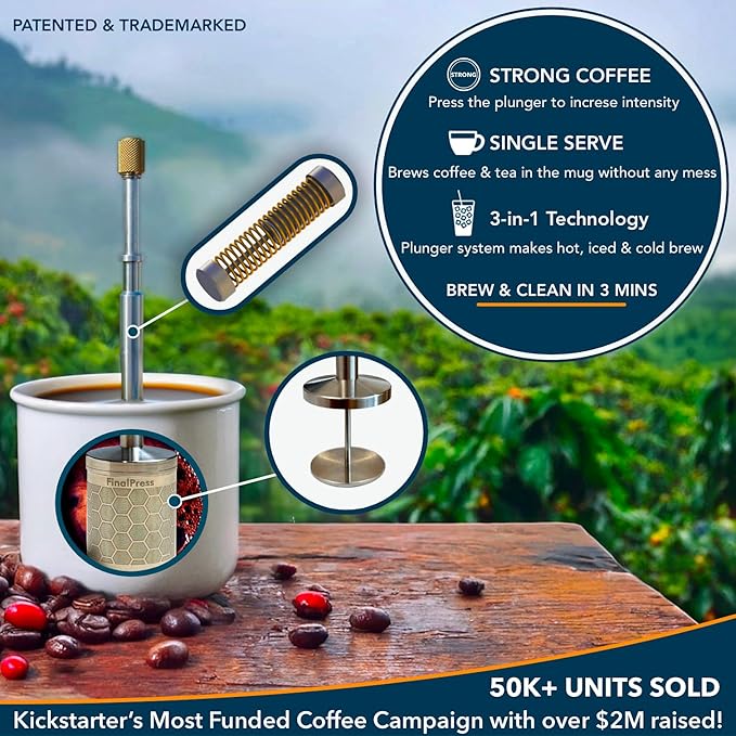 FinalPress Original Coffee & Tea Maker – Portable Stainless Steel Micro French Press – Patented 3-in-1 Technology for Hot, Iced & Cold Brew – Perfect for Home, Camping & Travel