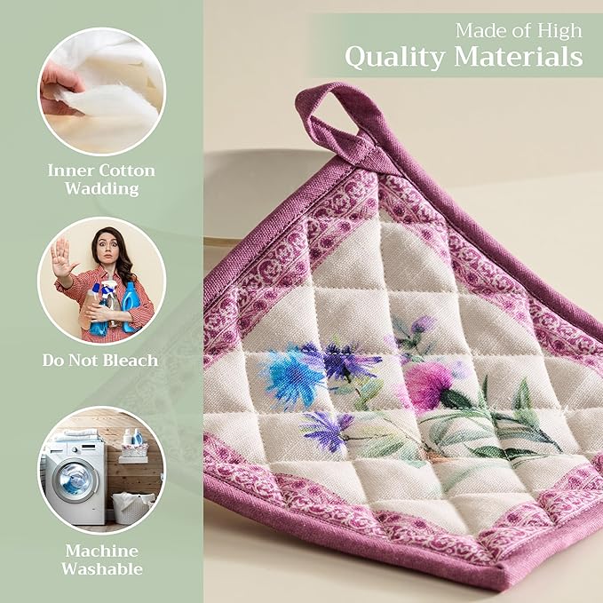 Maison d' Hermine Pot Holders 100% Cotton Heat Resistant Potholders 8" x 8" Hot Pads with Loop BBQ Cooking Baking Gifts for Mothers Day Handling Hot Pans Spring/Summer (Pack of 2, Chardon)