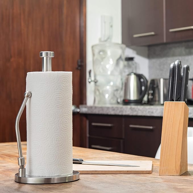 Stainless Steel Paper Towel Holder with Tension Arm – Weighted Countertop Stand, One-Hand Tear, Rust-Proof Full Stainless Steel Construction, Modern Kitchen Roll Holder