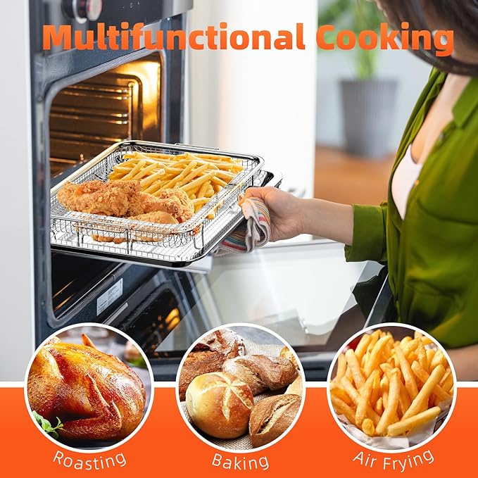 Air Fryer Basket for Oven, 2 Set Oven Air Fryer Basket and Tray with 60 PCS Parchment Papers, DEGOVIN Crisper Tray Non-stick Stainless Steel Air Fry Pans for Convection Oven(14.88" ×10.98"&13" × 9.7")