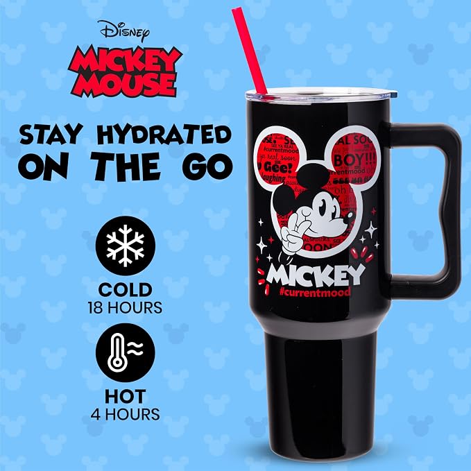 Silver Buffalo Disney Classic Mickey Mouse Hashtag Current Mood “#currentmood” Double Walled Stainless Steel Tumbler with Handle and Straw, Fits in Standard Cup Holder, 40 Ounces
