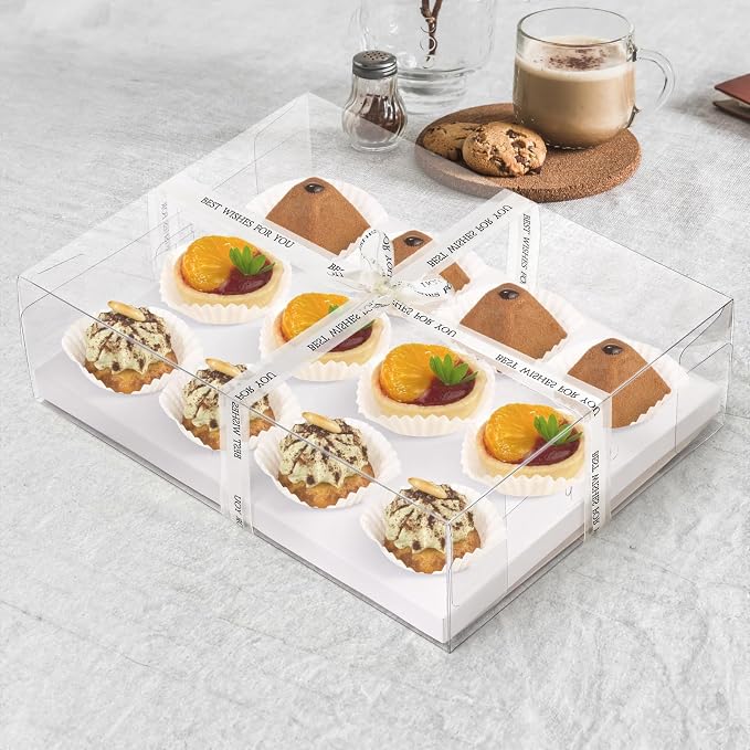 Cedilis 12 Pack Clear Cupcake Boxes, 12 Count Cupcake Containers with Gift Ribbon, Plastic Cupcake Carrier Holder for Cookies, Muffins, Bakeries