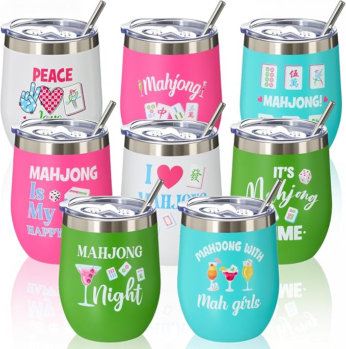 Patelai 8 Pcs Mahjong Tumbler with Straw Lid and Brush 12oz Stainless Steel Insulated Mahjong Cups Double Vacuum Thermal Mugs Mah Jong Accessories for Game Night Party Favor Mah Jong Lovers Gift