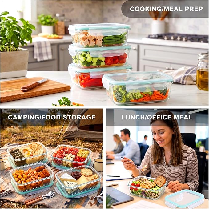 4 Pack 52oz Large Glass Food Storage Containers With Lids - Meal Prep Containers With Airtight Lid For Baking, Storing,Freezer, Dishwasher, Microwave And Oven Safe, Bpa Free（Teal）