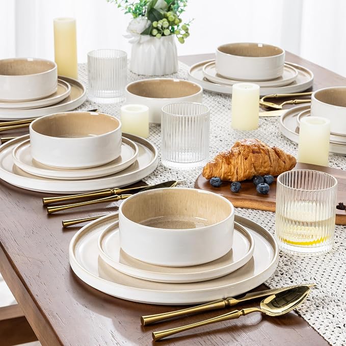 AmorArc Ceramic Dinnerware Sets, Handmade Reactive Glaze Stoneware Plates and Bowls Sets,Highly Chip and Crack Resistant | Dishwasher & Microwave Safe Dishes Set, Service for 8 (24pc)