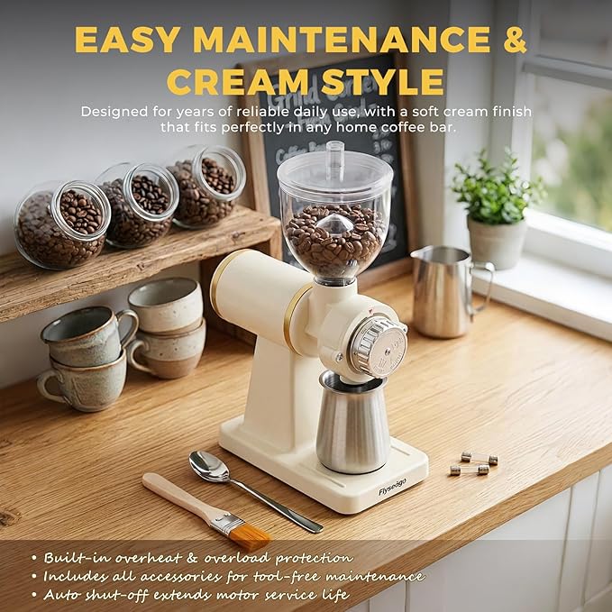 Electric Burr Coffee Grinders for Home Use, 8 Adjustable Settings Stainless Steel Flat Burr, Quiet Low Static Design for Espresso Pour Over French Press, Cream Style White