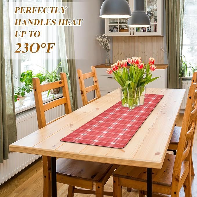 2 in 1 Table Runner Trivet for Hot Pots and Pans Heat Resistant Non Slip Waterproof 39 x 12 Inch Decorative Table Protector for Kitchen Countertop Checkered Red