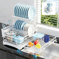 2 Tier Dish Drying Rack, Large Extendable Dish Racks for Kitchen Counter , Dishrack with Drainboard, 2-in-1 Anti-Rust Stainless Steel Dish Drainer with Utensil Holder (White, double of Dish Rack)