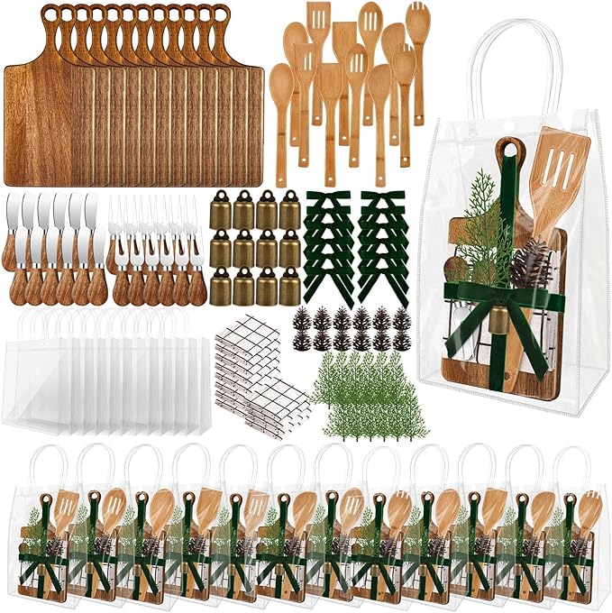 12 Set Christmas Gift Kitchen Utensils Set Acacia Spatula Mini Cheese Board Pine Cones for Christmas Kitchen Holiday Gift Party Decor Neighbor Employee Baking Gift Xmas Cooking Supplies