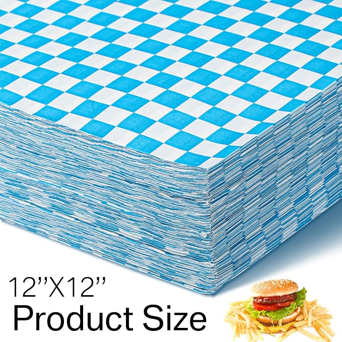 Spakon 1000 Sheets Wax Deli Paper Sheets for Food 12 x 12 Inch Checkered Dry Waxed Deli Basket Liners for Sandwich Wrapping, Food Basket Liners, Picnic party(Blue-white)