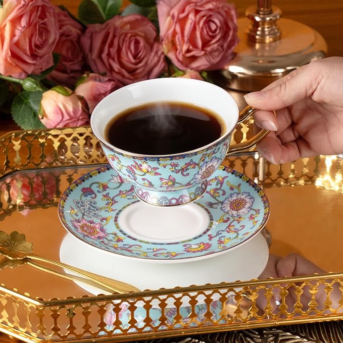 KAMMAK Tea Cups and Saucers Set of 2, Porcelain Coffee Cups, Stackable Espresso Mugs, Ceramic Demitasse for Coffee, Cappuccino, Latte, Americano, Tea, Full Bloom Blue