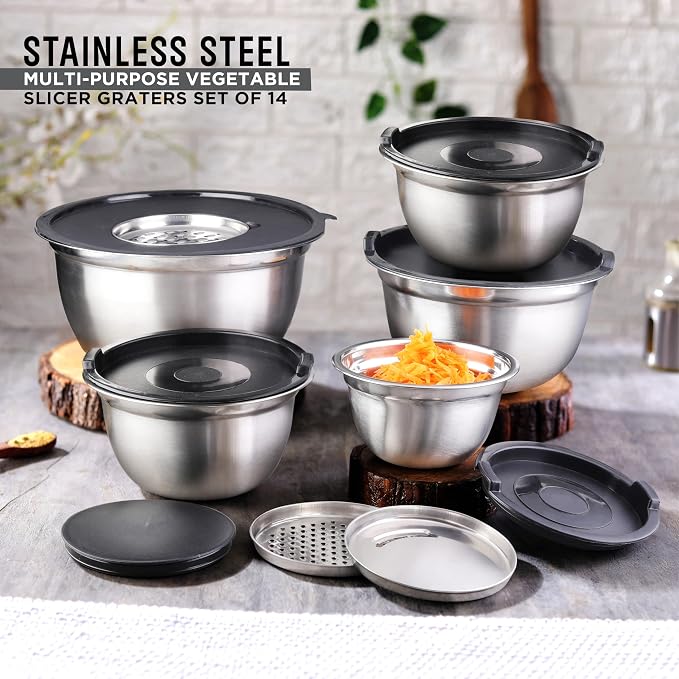 AVADOR Premium Brushed Stainless Steel Mixing Bowls Sets, Easy To Clean, Space Saving, Great for Cooking, Baking, Prepping Needs 0.25qt, 1qt, 1.5qt, 3qt, 5qt (8 pc with Lid and Grater)