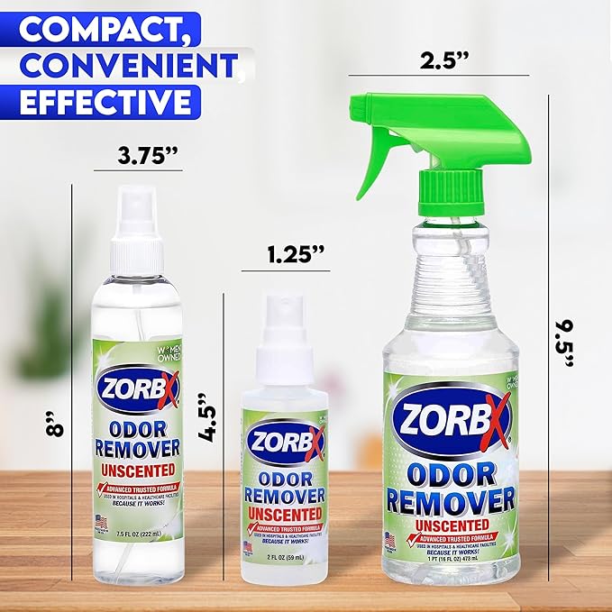 ZORBX Unscented Odor Eliminator for Strong Odor - Used in Hospitals & Healthcare Facilities | Advanced Formula, Fast-Acting Odor Remover Spray for Dog, Cat, House & Carpet (16Oz + 7.5Oz + 2Oz + 64 Oz)
