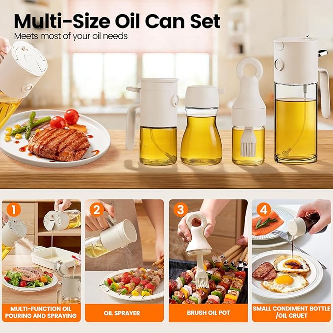 MMJ 3 in 1 Oil Sprayer Bottle, 19.6oz High Borosilicate Heat Resistant Olive Oil Dispenser, Includes 3pcs Mini Outdoor Set, Multipurpose for Kitchen, Air Fryer, BBQ, Grilling & Camping
