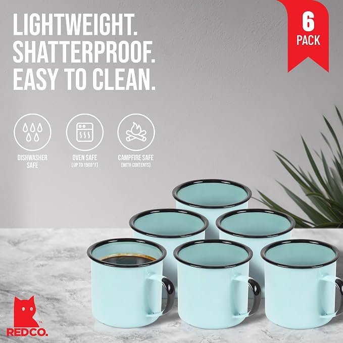 Red Co. Set of 6 Enamelware Metal Medium Classic 12 Oz Round Coffee and Tea Mug with Handle, Distressed Aqua/Black Rim