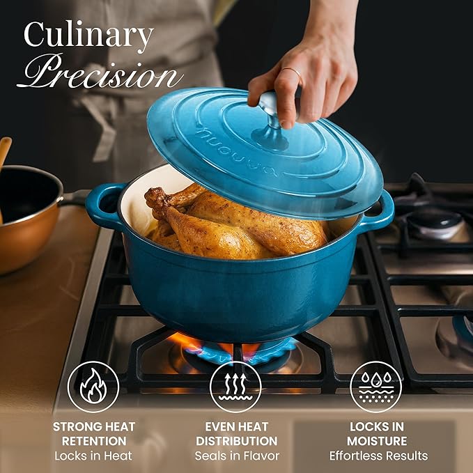 Cast Iron Pot with Lid - Non-Stick Ovenproof Enamelled Casserole Pot, Oven Safe up to 500° F-Sturdy Dutch Oven Cookware - Blue, 5-Quart, 24cm-by Nuovva