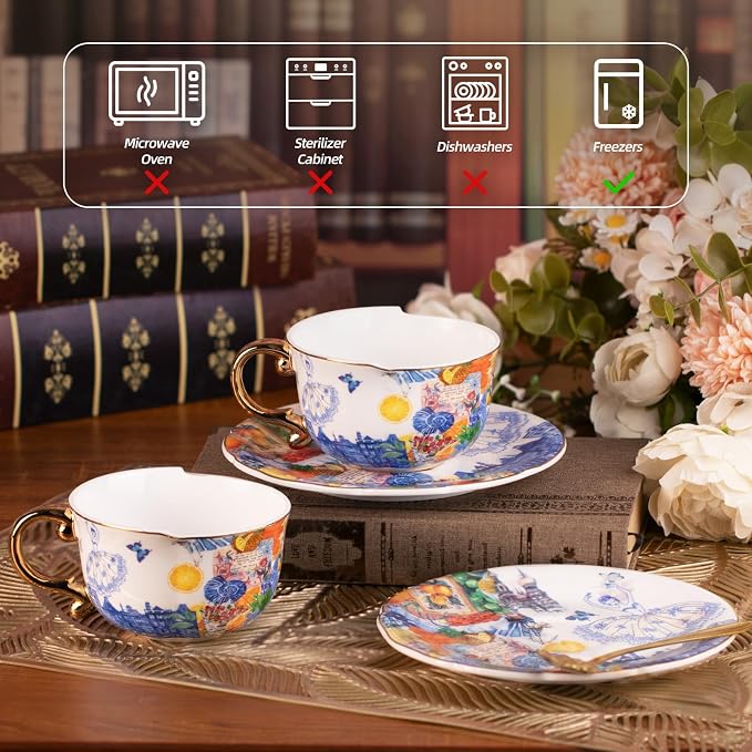 KAMMAK Tea Cups and Saucers Set of 2, Fine Bone China Coffee Cups, 8.5-Ounce Stackable Espresso Mugs, Ceramic Demitasse for Coffee, Cappuccino, Latte, Americano, Tea, Dream Ballet