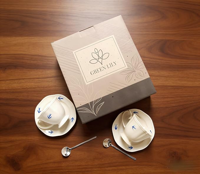 Bone China Hand Painted Hummingbird Tea Cups and Saucers with Spoons in Giftbox, 8oz Ceramic Coffee Mug, Cute Floral Vintage British Teacup for Women, Father, Party, Birthday Gift Set of 2