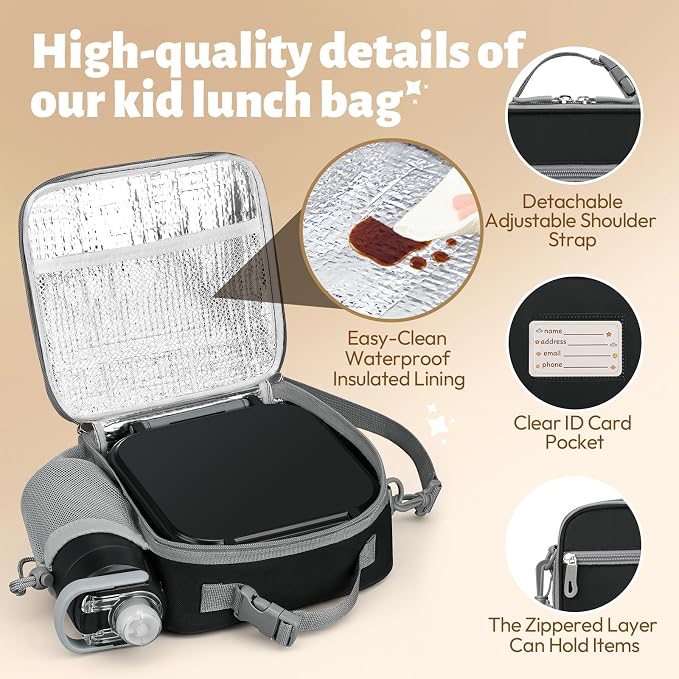 Itslife Bento Box for Kids Set, Insulated Food Container,Kids Lunch Box, 7 oz Thermos for Hot Food, 12 oz Thermos Water Bottle, Reusable Insulated Ice Bag & Fork Spoon Utensils Camping Travel Black