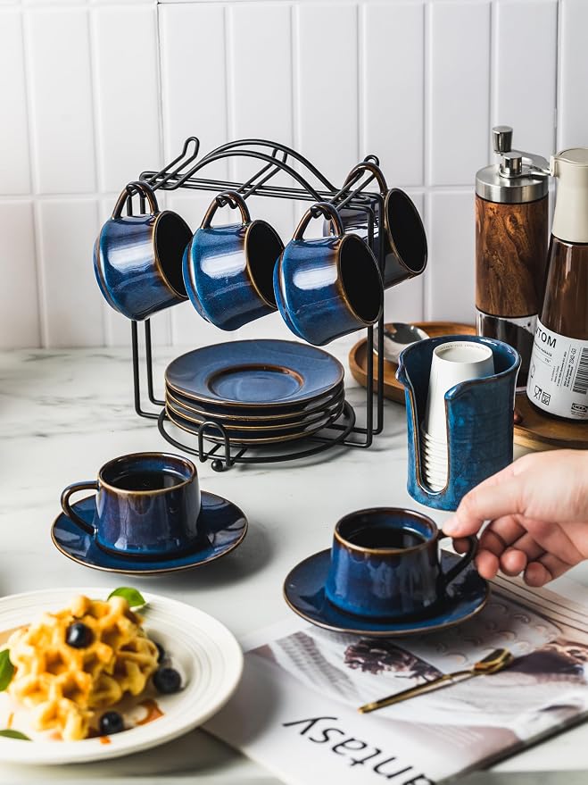 YHOSSEUN Espresso Cups Set of 6, 4 OZ Expresso Shots Cup with Sacuers, Spoons, and Metal Stand, Ceramic Coffee Espresso Cups for Father's Day, Espresso Accessories for Machine, Blue