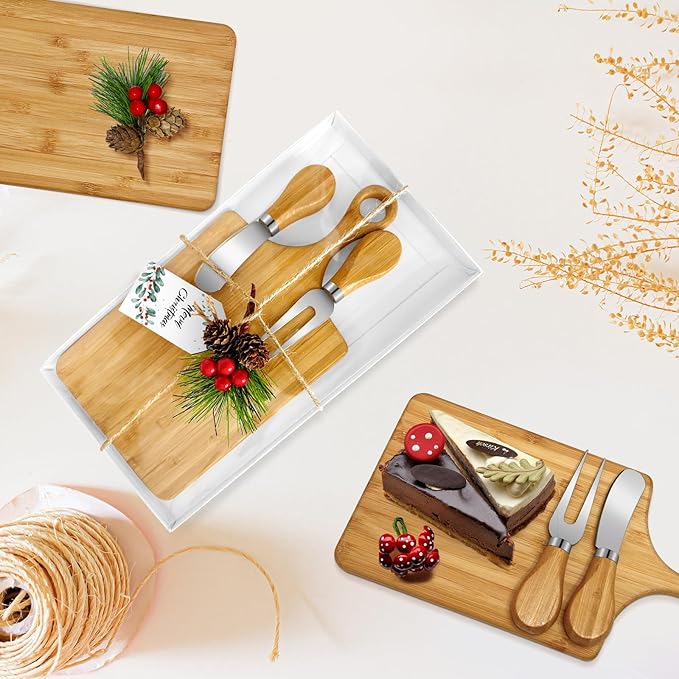 2 Set Christmas Gifts Bridal Shower Favor Bamboo Wooden Square Cheese Board Gift Set Cheese Knives Mini Cutting Board Bulk Set Tags and Boxes Christmas Party Birthday
