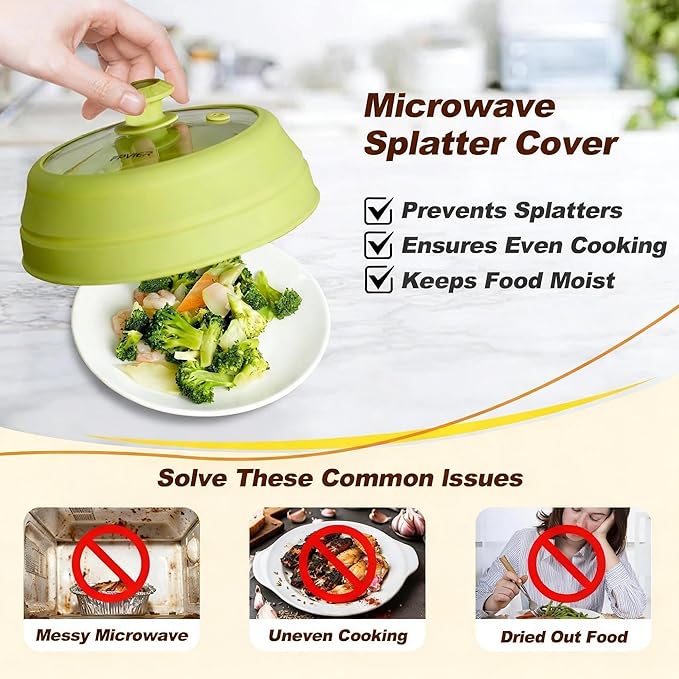 Microwave Splatter Cover - 9.8" Glass Lid with Collapsible Silicone Rim, Universal Pot & Plate Cover for Mess-Free Heating (Green, 9.8inch)