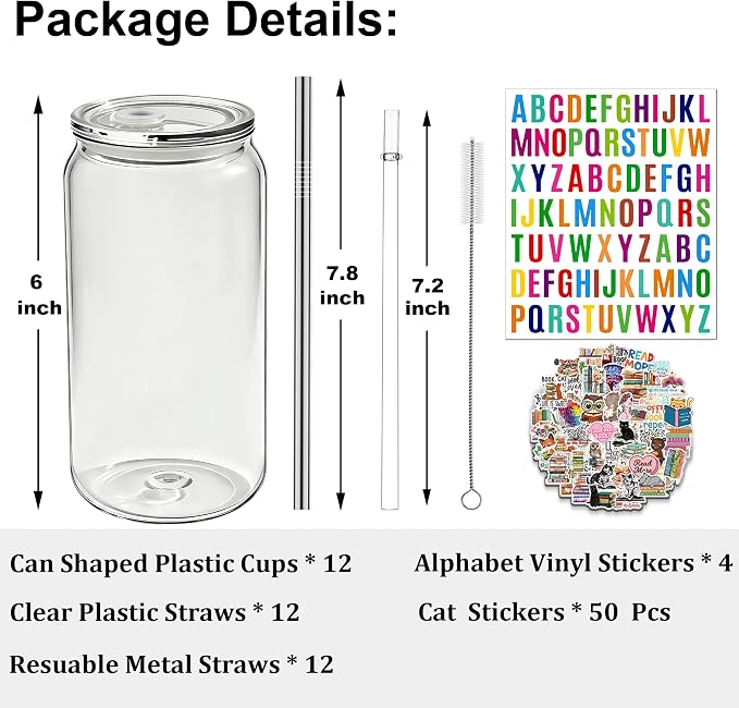 16 oz Clear Plastic Cups Reusable with Lids and Straws & DIY Sticker, 12Pack Acrylic Mason Jars Iced Coffee Drinking Glasses Cup for Park Picnic, Poolside, Party Giveaways