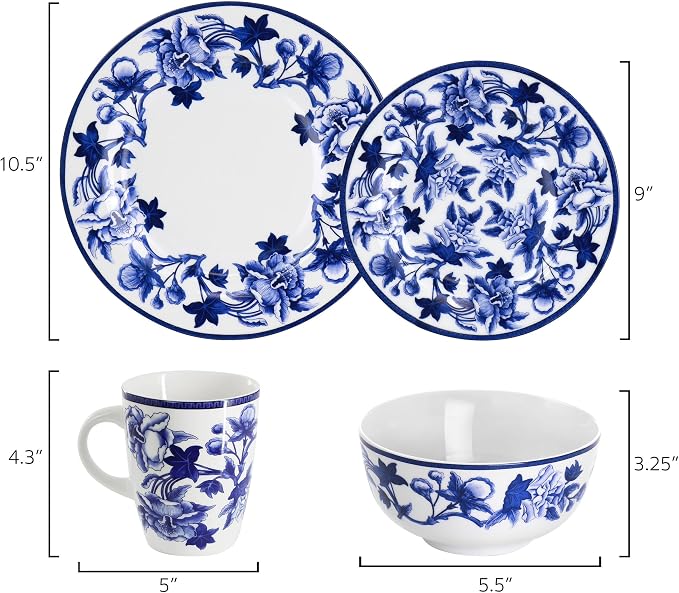 Elama Cattleya Orchid Design 16 Piece Round Porcelain Dinnerware Set in Blue and White, Tableware Set, Service for 4