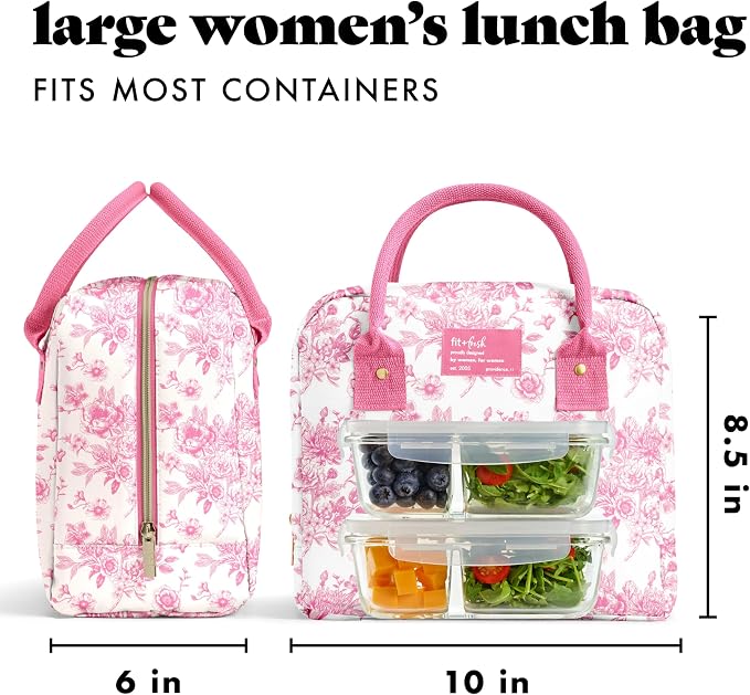 Fit & Fresh Bloomington Lunch Bag for Women - Insulated Large Lunch Box for Work with Containers, Leak-Resistant, Stain-Resistant, Zipper Closure, Pink Floral Toile