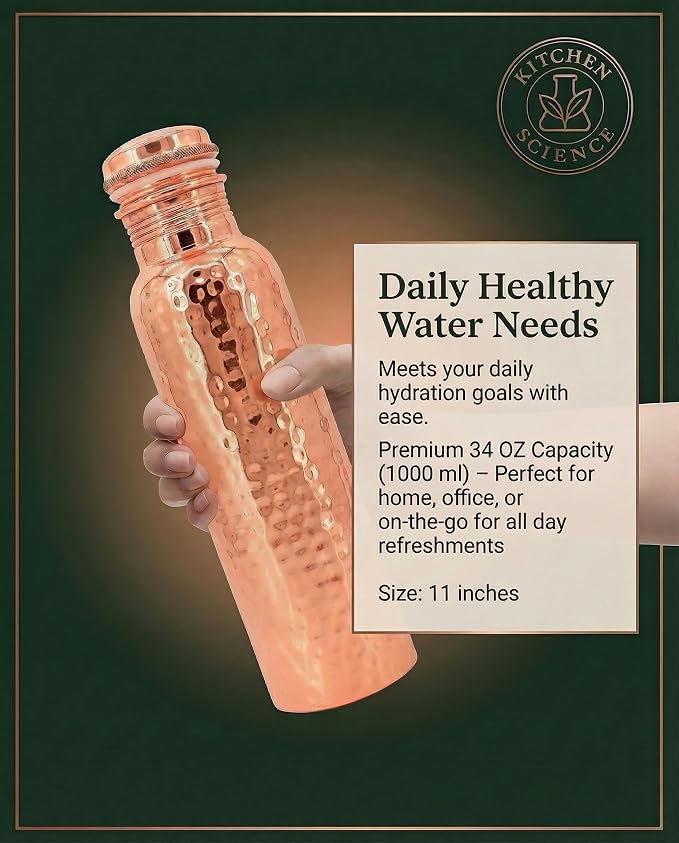 Kitchen Science -Authentic 34oz/1000ml Copper Water Bottle with Tumbler and Leather Sleeves – Leak-Proof, Lab-Tested