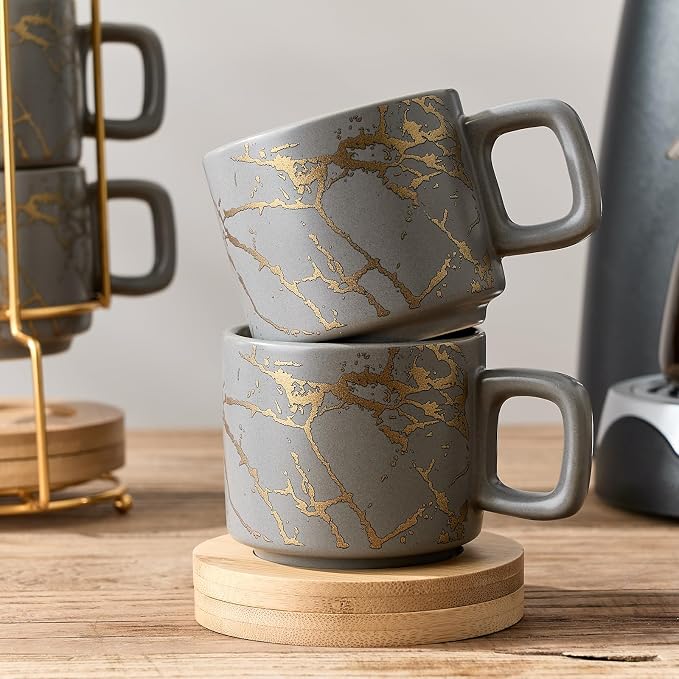 LUKA Porcelain Espresso Cup with Saucer and Metal Stand, 4 Ounce Stackable Ceramic Demitasse Espresso Mugs Cups Set for Latte, Specialty Coffee Drinks, Cafe Mocha,Tea - Set of 4, Gray