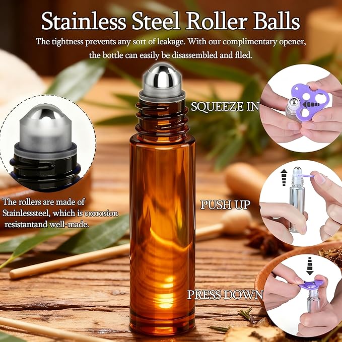 PrettyCare 12-Pack Amber Glass Roller Bottles for Essential Oil with Stainless Steel Roller Ball - 10 ml Refillable Leak-proof Empty Roll on Bottles with Caps for Perfume, DIY, Beauty & Personal Care