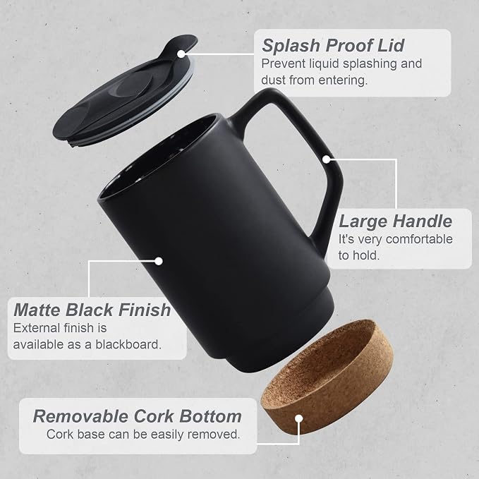 Ceramic Coffee Mug Set of 2, 17 OZ Large Coffee Mug with Removeable Cork Bottom and Splash Proof Lid, Large Handle Coffee Mugs (Matte Black) | Removable Cork Bottom,Splash Proof Lid,Large Handle,For Coffee,Tea,Hot Chocolate