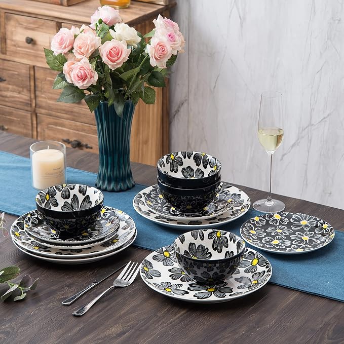 12-pieces Dinnerware Set Ceramic Dish Set Plates Sets Service for 4, Bowl Sets, Stoneware Dinnerware Sets, 12pcs Plate and Bowl Set for kitchen