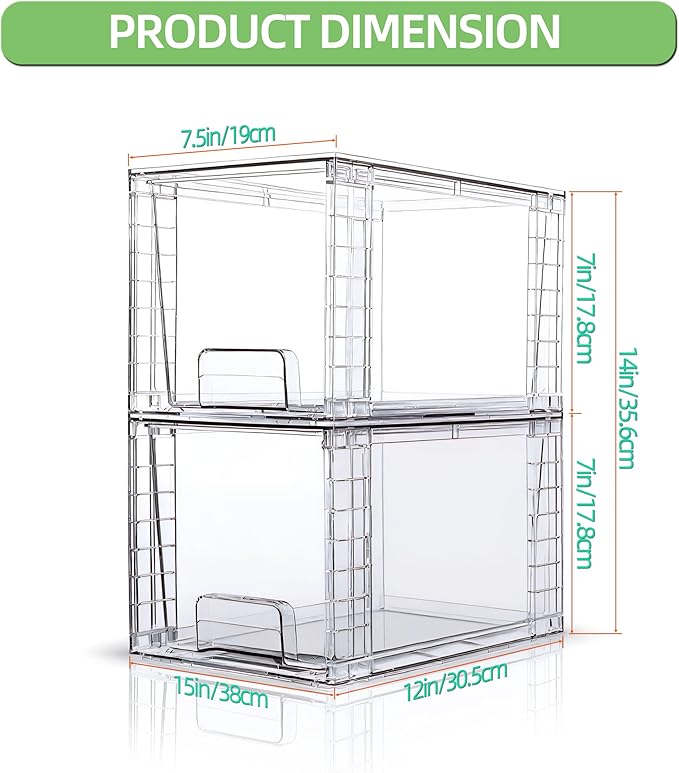 Medium Clear Stackable Storage Drawers (2 Pack), High-strength Acrylic Organizer Bins with Handles, Plastic Drawers for Fridge Bathroom Cabinet Closet Undersink Pantry Kitchen Makeup Storage