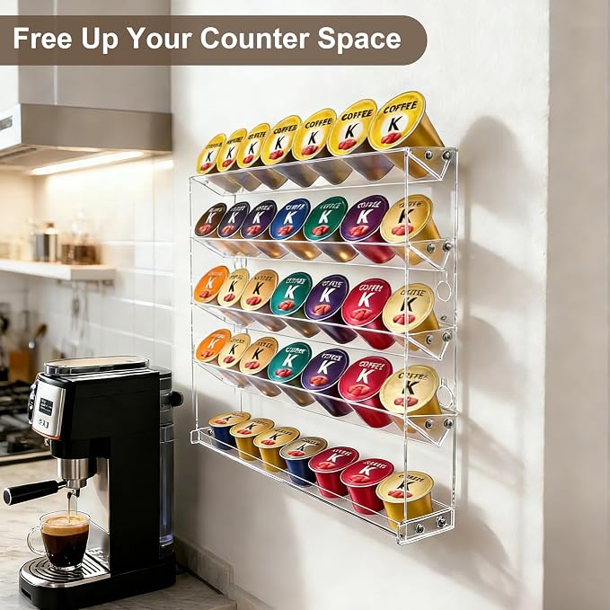 5 Tier Coffee Pod Holder for Nespresso Vertuo, Wall Mount K Cup Holder for Small Space, Clear Acrylic Coffee Pod Organizer Compatible with Most Standard Pods (30-50 Pod Storage)