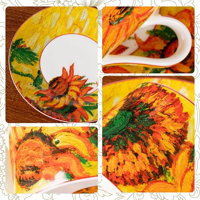 KAMMAK Tea Cups and Saucers Set of 2, Porcelain Coffee Cups, Stackable Espresso Mugs, Ceramic Demitasse for Coffee, Cappuccino, Latte, Americano, Tea, Large - Sunflower Oil Painting