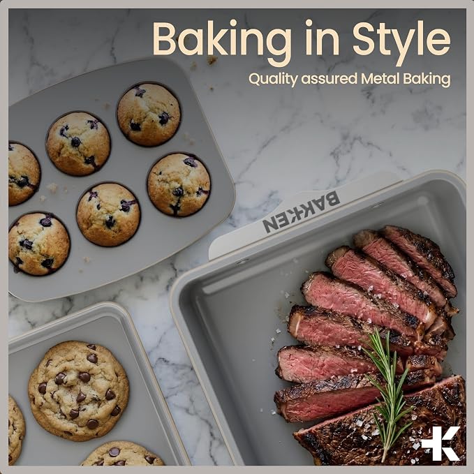 Bakken 8-Piece Ceramic Coated Bakeware Sets, Nonstick Aluminized Steel Pans with Muffin, Loaf, Cake, Roasting Pan, & Cooling Rack, Oven Safe Up To 500°F, Dishwasher Safe, BPA, PTFE & PFAS Free, Cream