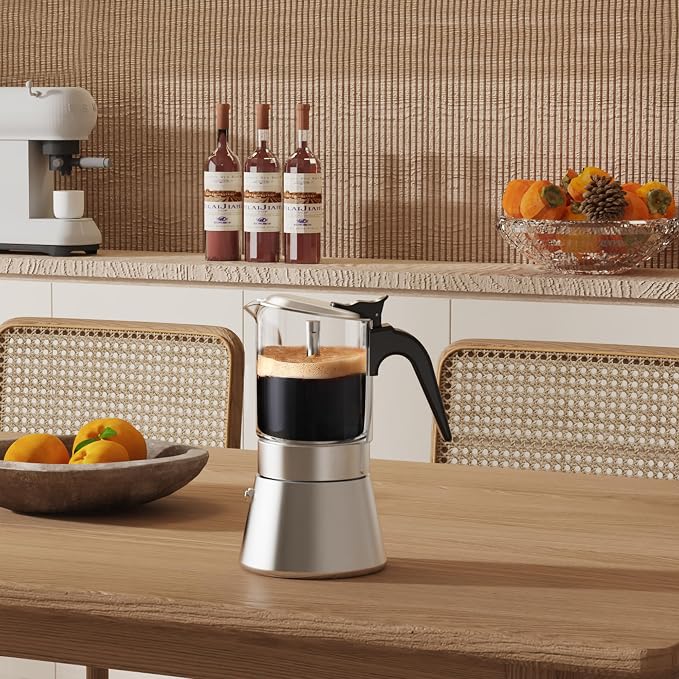 SIXAQUAE Induction Moka Pot, Crystal Glass-top & Stainless Steel Stovetop Espresso Maker,Classic Italian coffee maker (160ml)