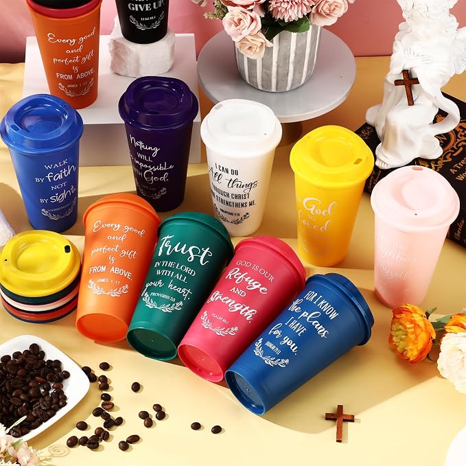 Skylety 40 Pack Bulk Christian Gifts for Men Women 16oz Reusable Bible Verse Tumbler Plastic Coffee Cup with Lid Inspirational Religious Church Gift for Teacher Graduation Party Favor (Multicolor)